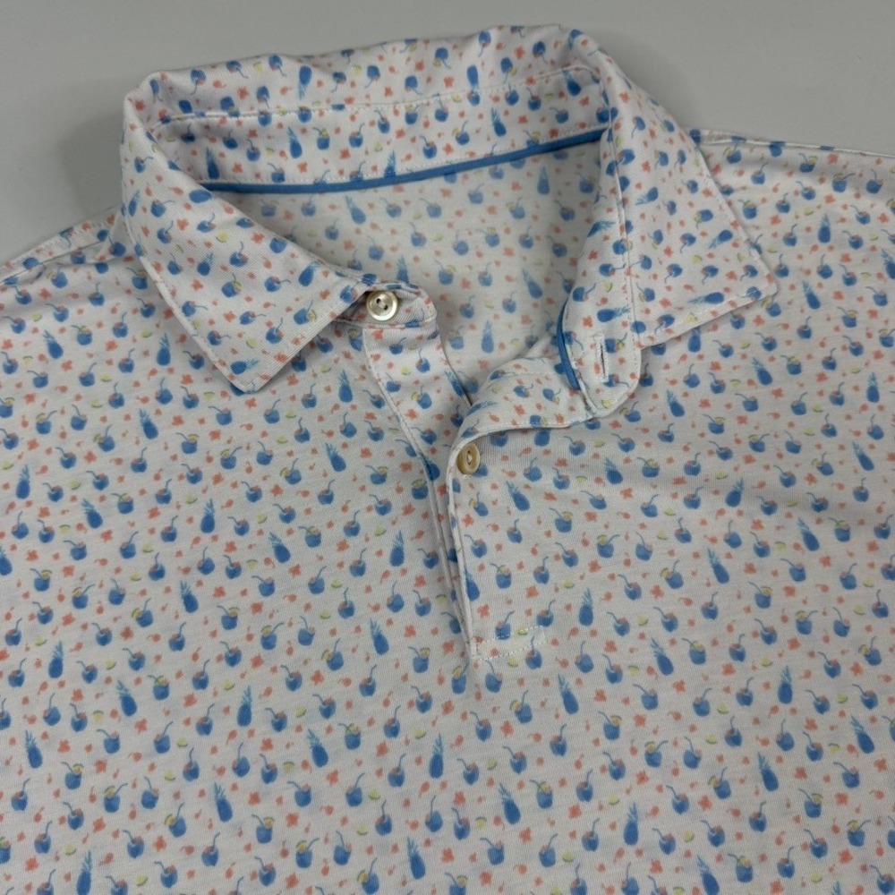Peter Millar Drirelease Polo Shirt Mens XL White Tropical Coconut Cocktail Print